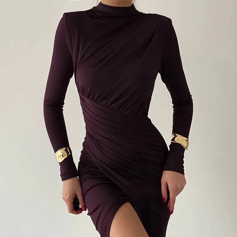 Medium-high collar slim-fit long-sleeved dress