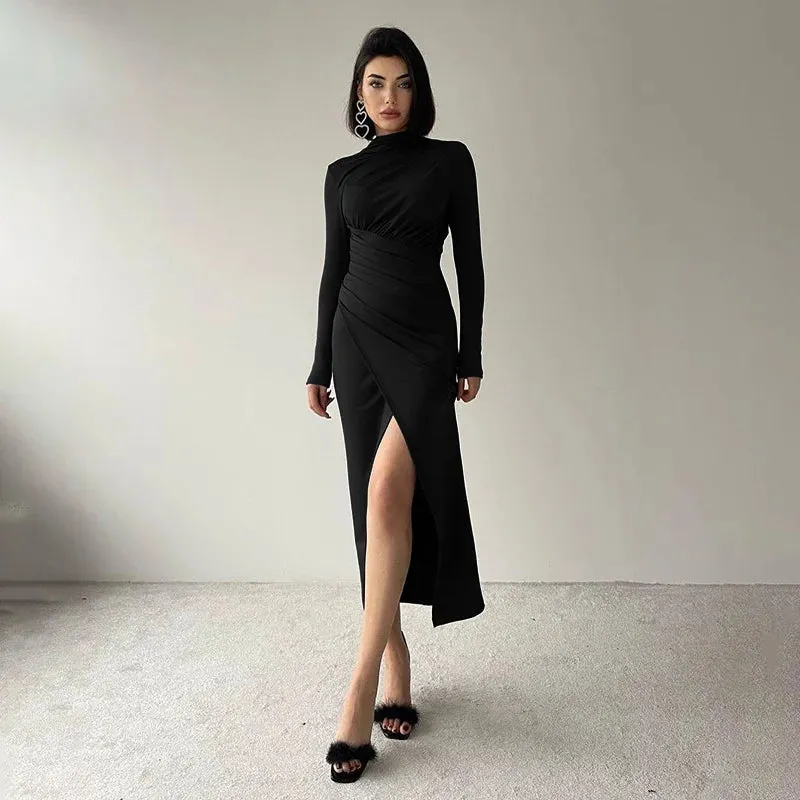 Medium-high collar slim-fit long-sleeved dress