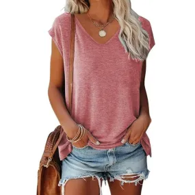 MOSHU V Neck Womens T-Shirts Basic Tops for Women Cap Sleeve Loose Tank Tops