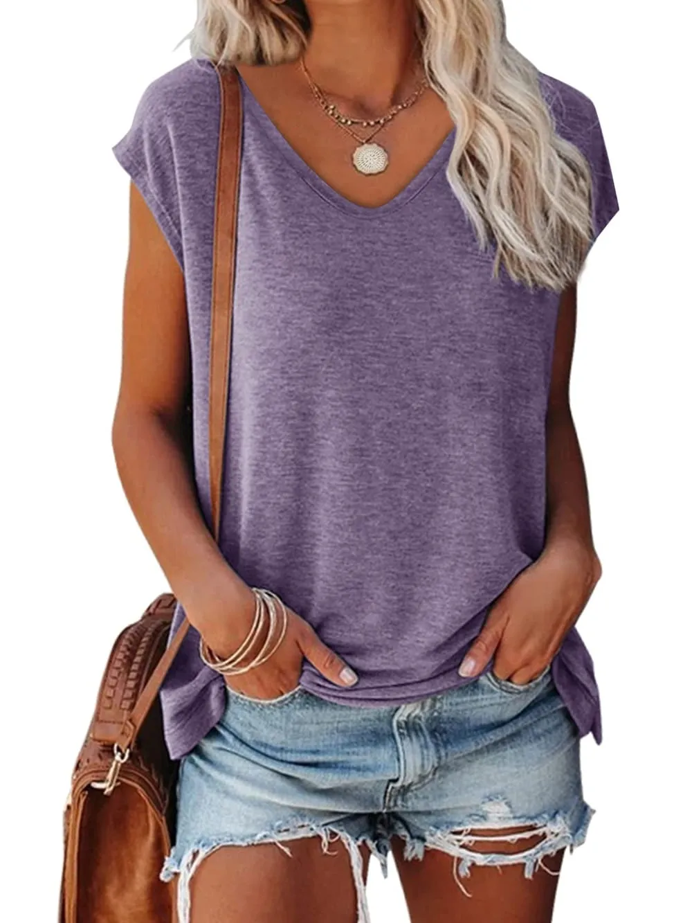 MOSHU V Neck Womens T-Shirts Basic Tops for Women Cap Sleeve Loose Tank Tops