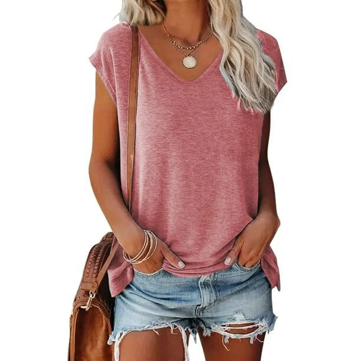 MOSHU V Neck Womens T-Shirts Basic Tops for Women Cap Sleeve Loose Tank Tops