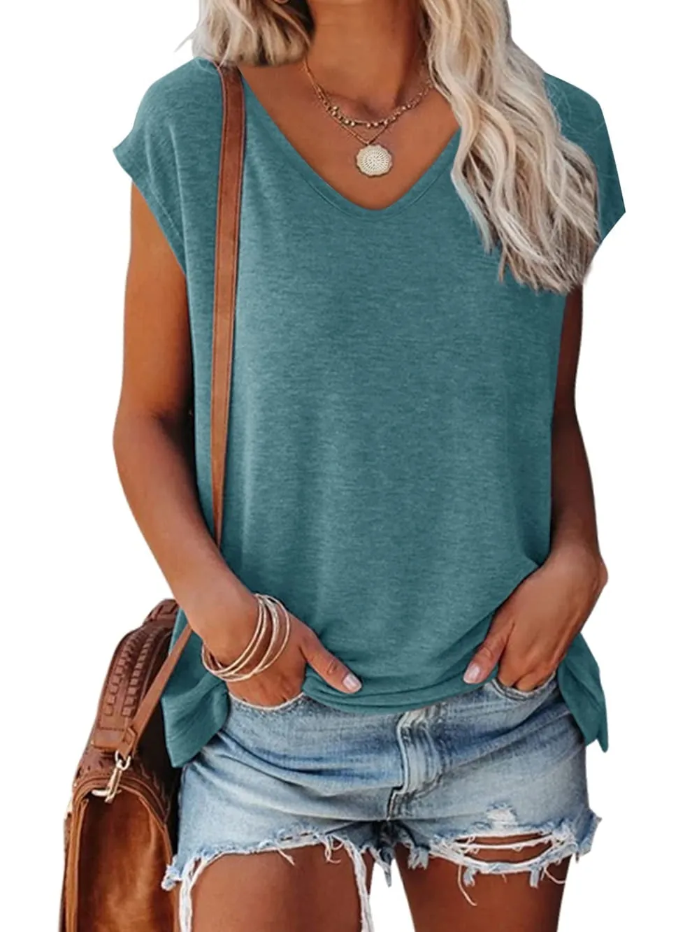 MOSHU V Neck Womens T-Shirts Basic Tops for Women Cap Sleeve Loose Tank Tops