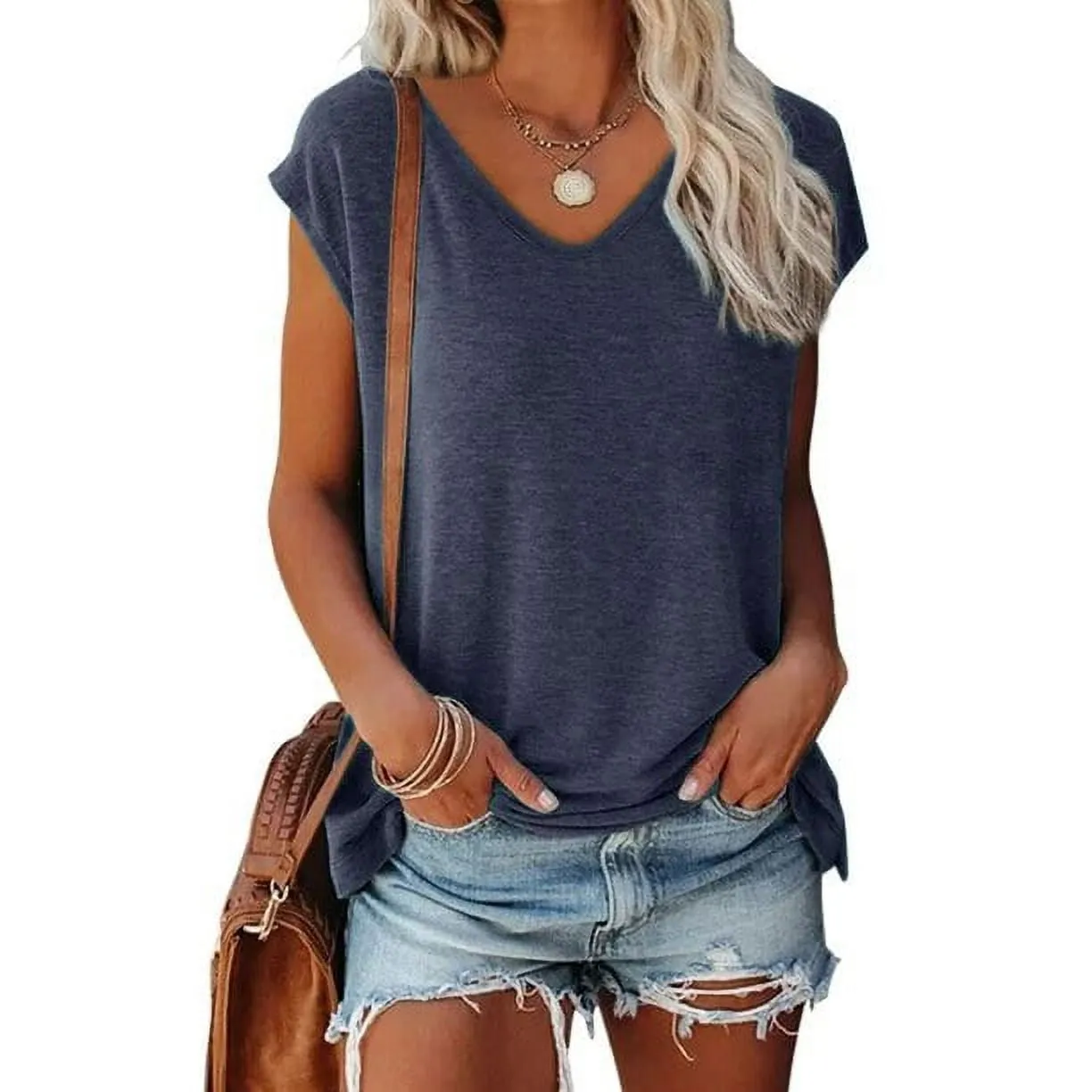 MOSHU V Neck Womens T-Shirts Basic Tops for Women Cap Sleeve Loose Tank Tops