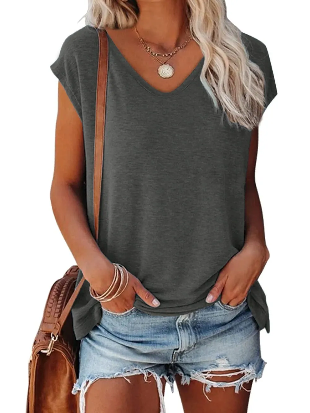 MOSHU V Neck Womens T-Shirts Basic Tops for Women Cap Sleeve Loose Tank Tops