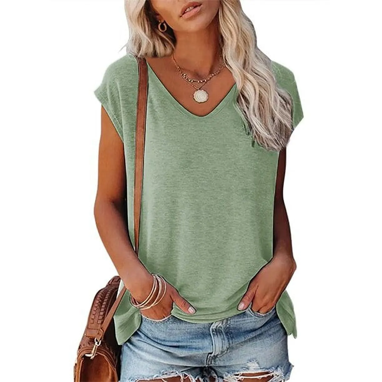 MOSHU V Neck Womens T-Shirts Basic Tops for Women Cap Sleeve Loose Tank Tops