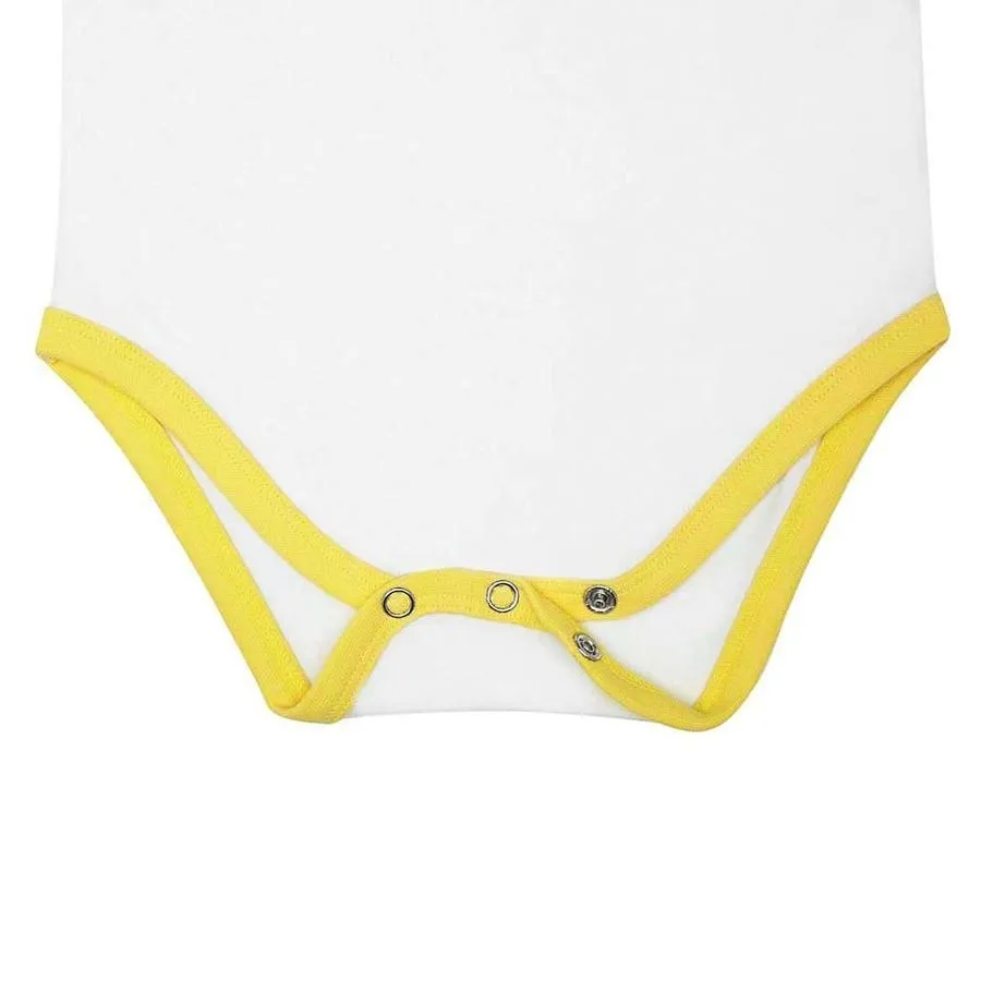 Organic Cotton Bodysuit, White with Yellow Piping & Pineapple Chest Print , short sleeves (0-24 months)