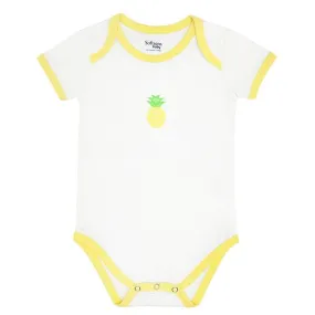 Organic Cotton Bodysuit, White with Yellow Piping & Pineapple Chest Print , short sleeves (0-24 months)