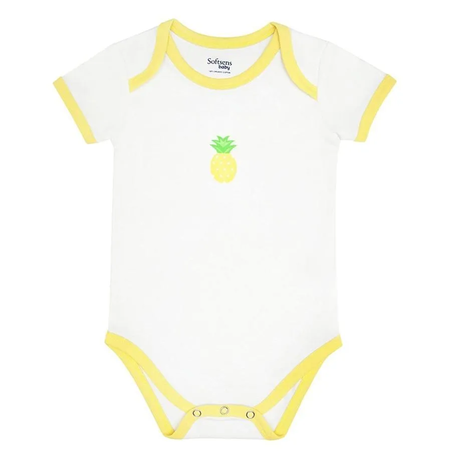Organic Cotton Bodysuit, White with Yellow Piping & Pineapple Chest Print , short sleeves (0-24 months)