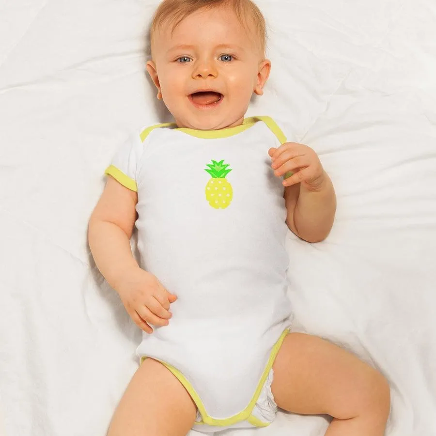 Organic Cotton Bodysuit, White with Yellow Piping & Pineapple Chest Print , short sleeves (0-24 months)