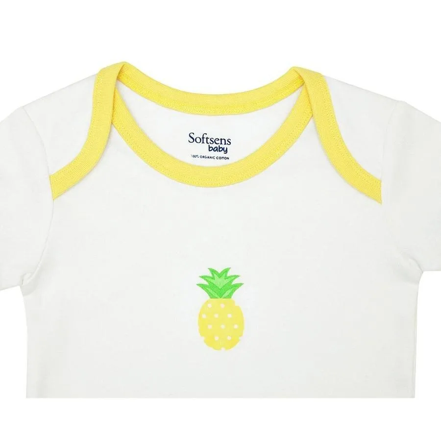 Organic Cotton Bodysuit, White with Yellow Piping & Pineapple Chest Print , short sleeves (0-24 months)