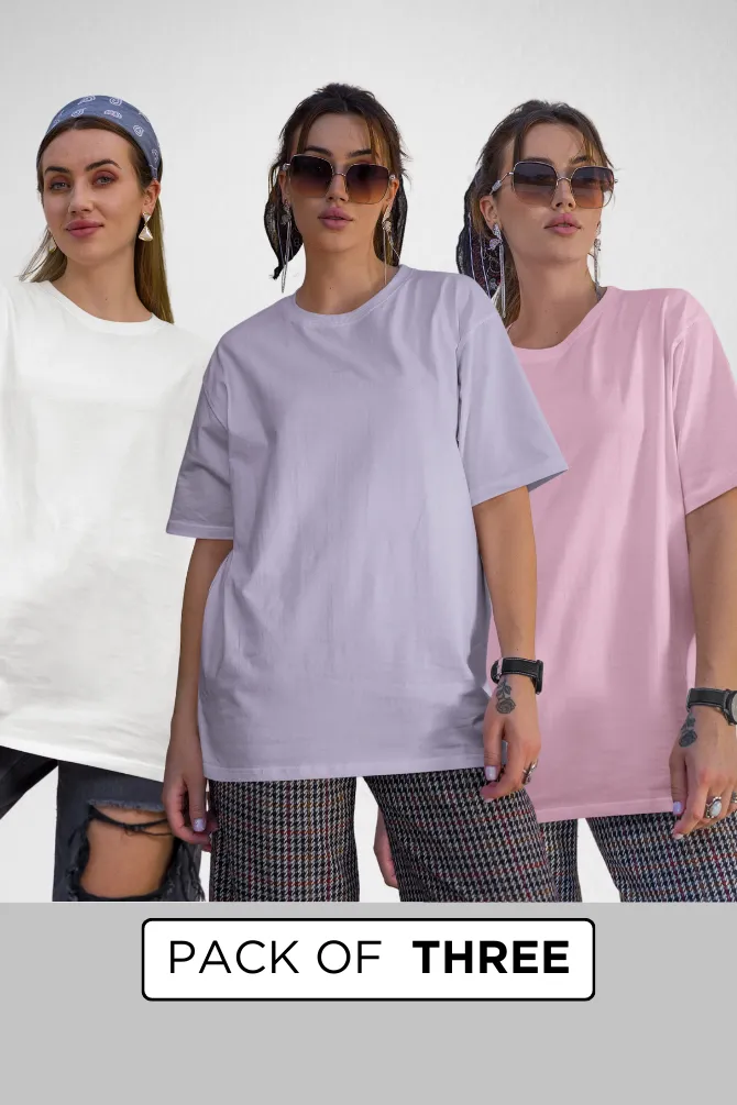 Pack Of 3 Oversized T-Shirts Lavender Light Pink and white for Women