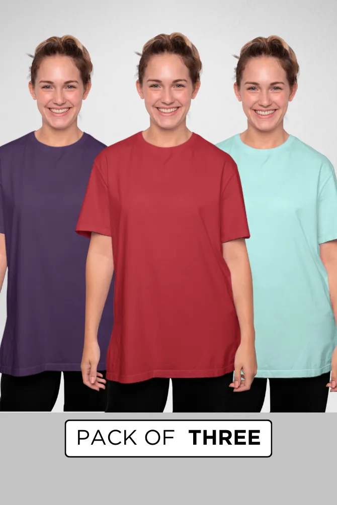 Pack Of 3 Oversized T-Shirts Red Mint and Purple for Women