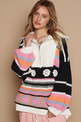 POL High Collar Half Zip Mixed Print Sweater in Black Multi