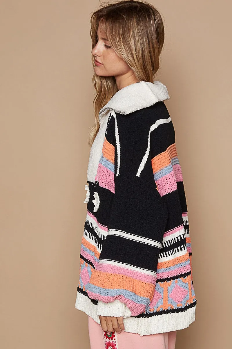 POL High Collar Half Zip Mixed Print Sweater in Black Multi