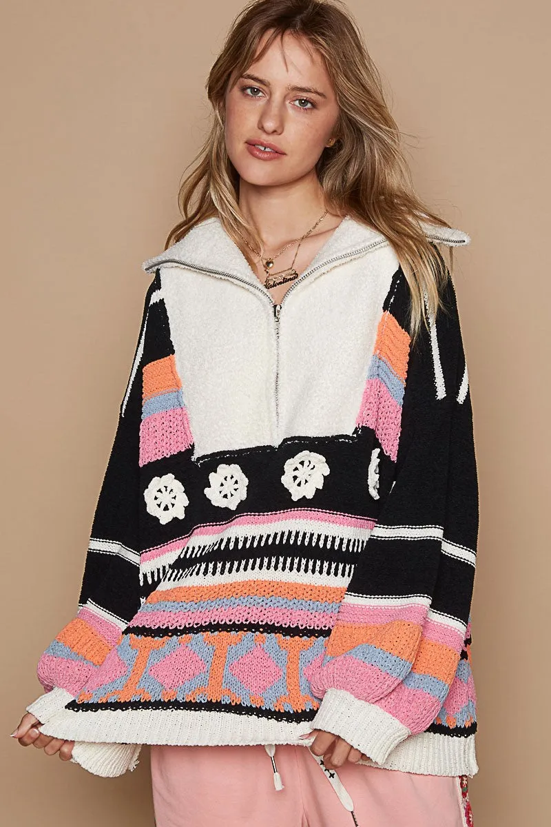 POL High Collar Half Zip Mixed Print Sweater in Black Multi