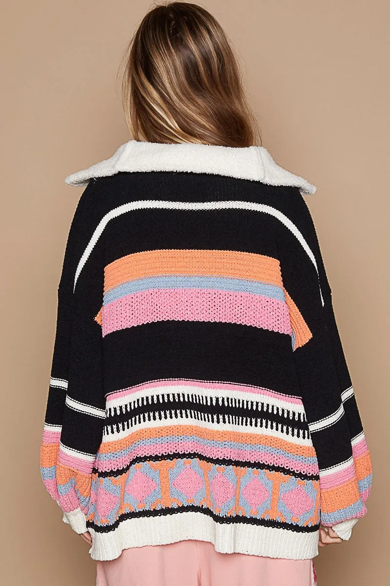 POL High Collar Half Zip Mixed Print Sweater in Black Multi