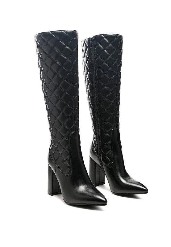 Quilt Knee High Block Heeled Boots