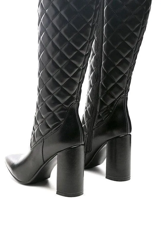 Quilt Knee High Block Heeled Boots