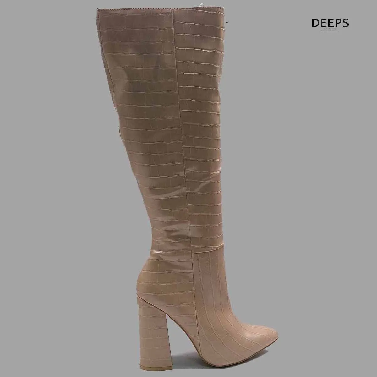 RACHEL NUDE CROC BLOCK HEEL CALF HIGH BOOTS WITH POINTED TOE & SIDE ZIP
