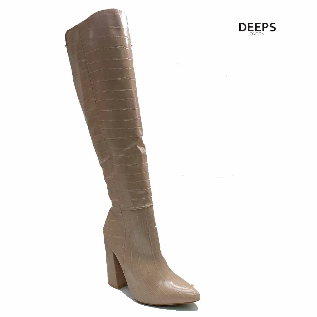 RACHEL NUDE CROC BLOCK HEEL CALF HIGH BOOTS WITH POINTED TOE & SIDE ZIP