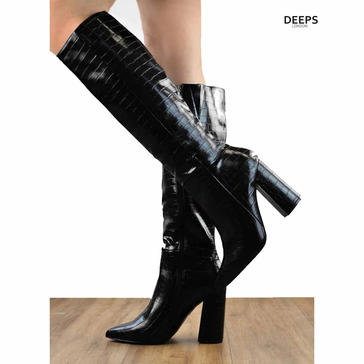 RACHEL NUDE CROC BLOCK HEEL CALF HIGH BOOTS WITH POINTED TOE & SIDE ZIP