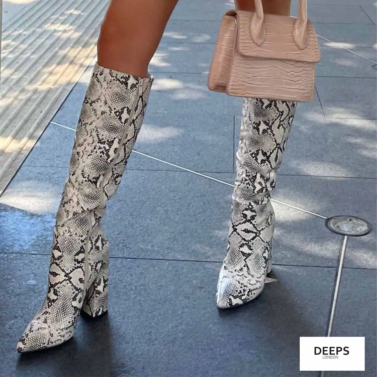 RACHEL NUDE CROC BLOCK HEEL CALF HIGH BOOTS WITH POINTED TOE & SIDE ZIP