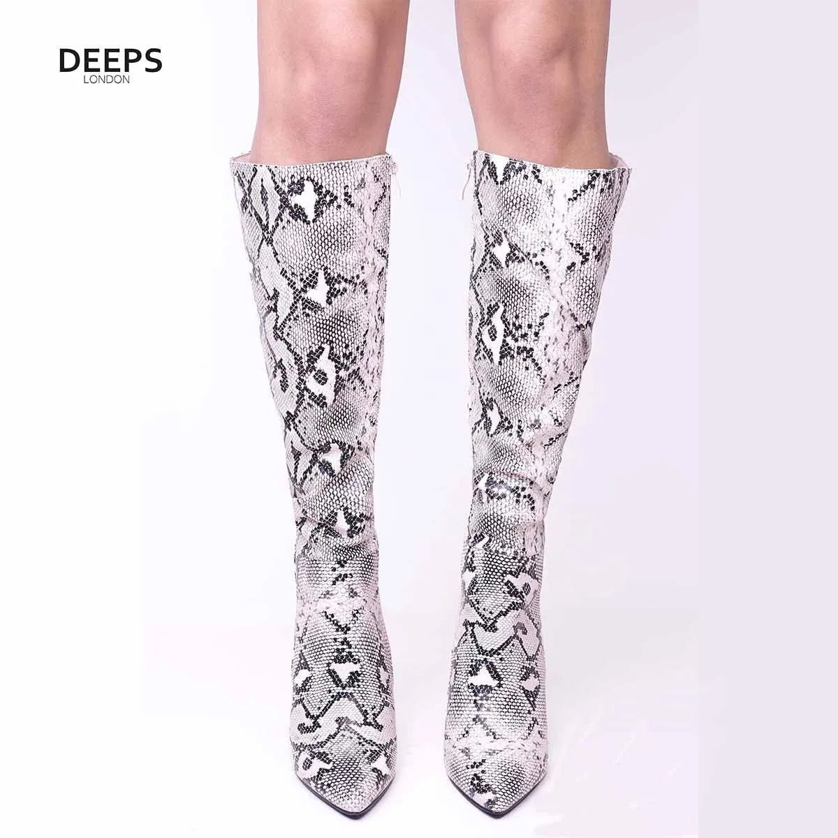 RACHEL NUDE CROC BLOCK HEEL CALF HIGH BOOTS WITH POINTED TOE & SIDE ZIP