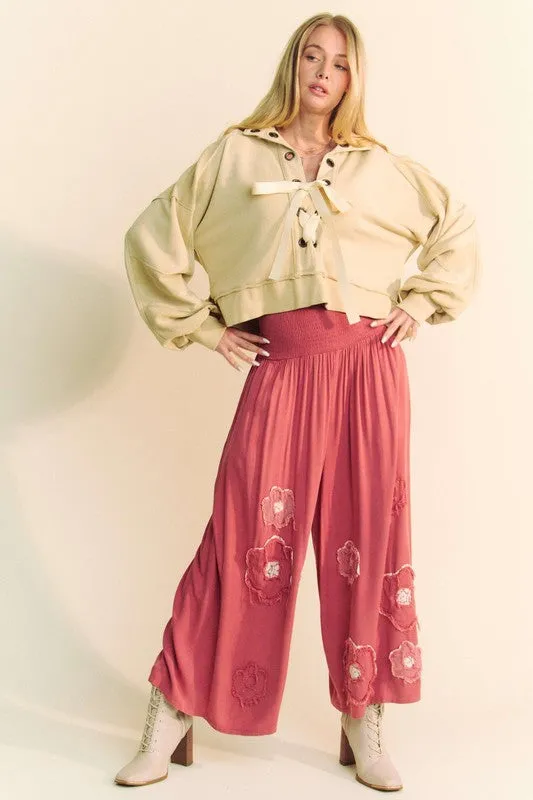 Smocked Waist Flower Patch Wide Leg Pants Red