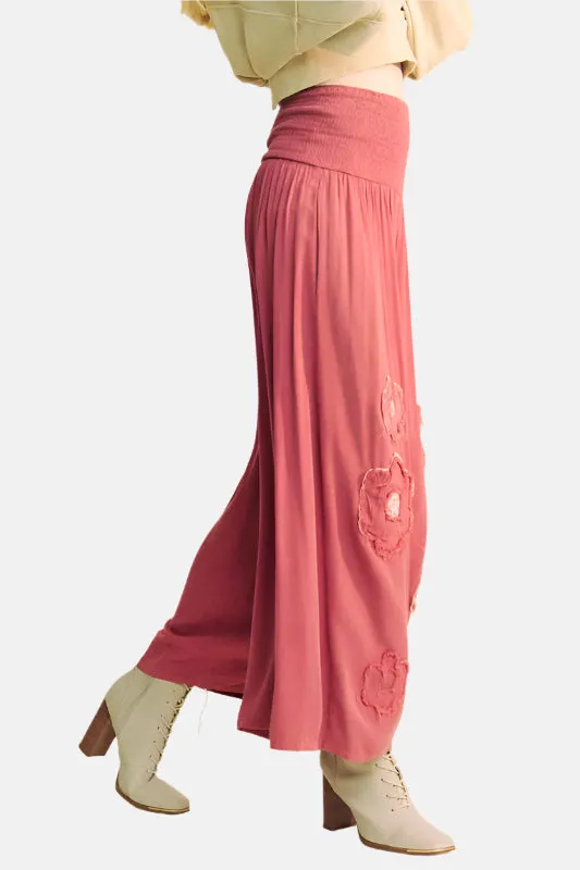Smocked Waist Flower Patch Wide Leg Pants Red