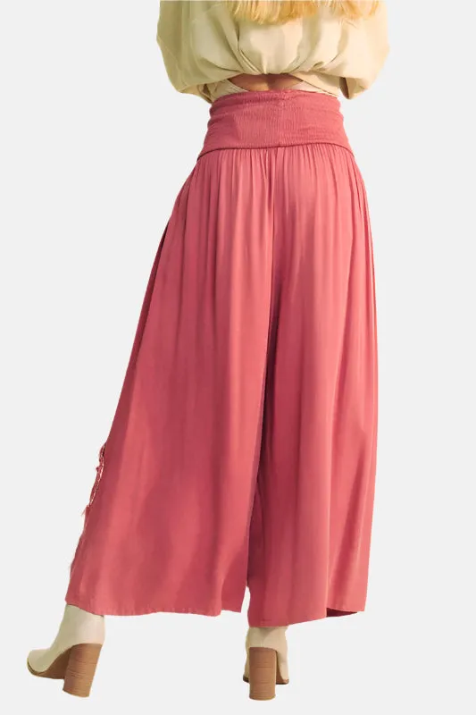 Smocked Waist Flower Patch Wide Leg Pants Red