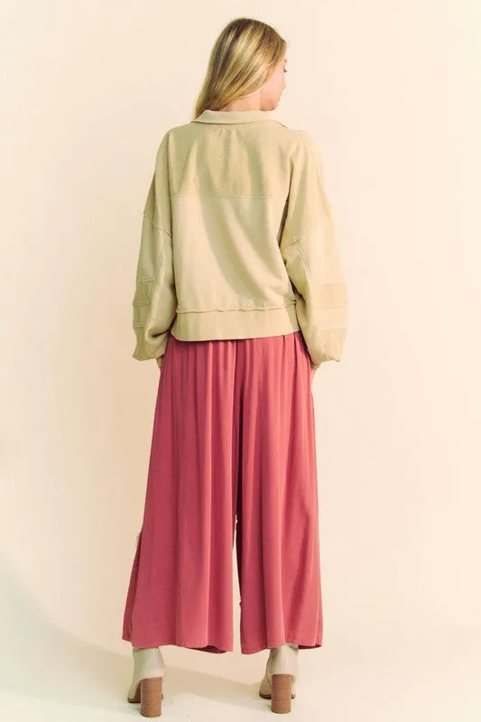 Smocked Waist Flower Patch Wide Leg Pants Red