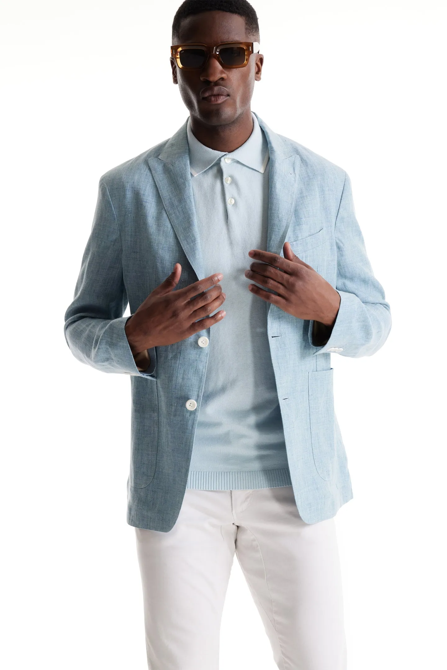 Soft Cloth Peak Lapel Blazer in Heather Slub Linen - Blue Light