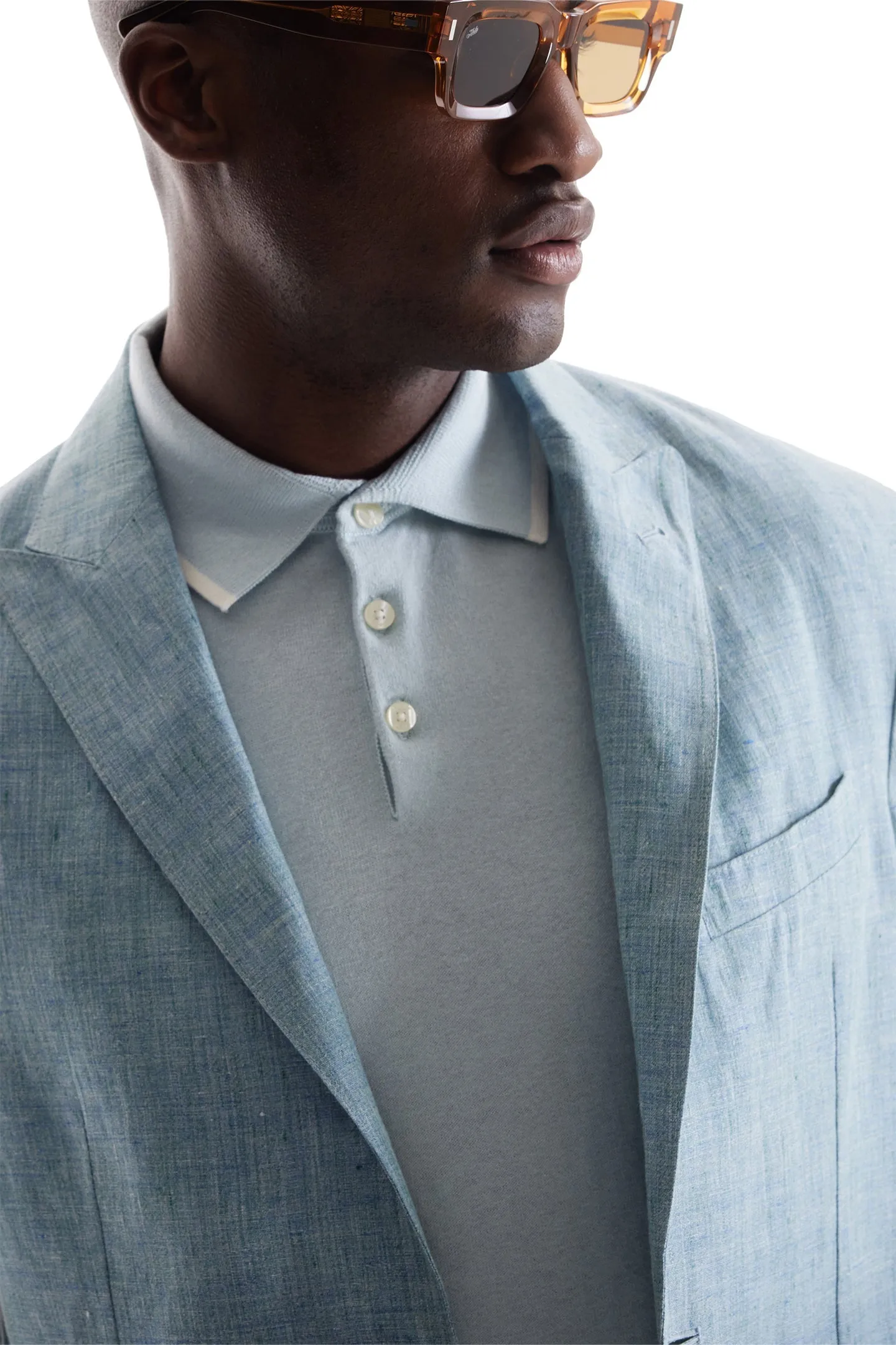 Soft Cloth Peak Lapel Blazer in Heather Slub Linen - Blue Light