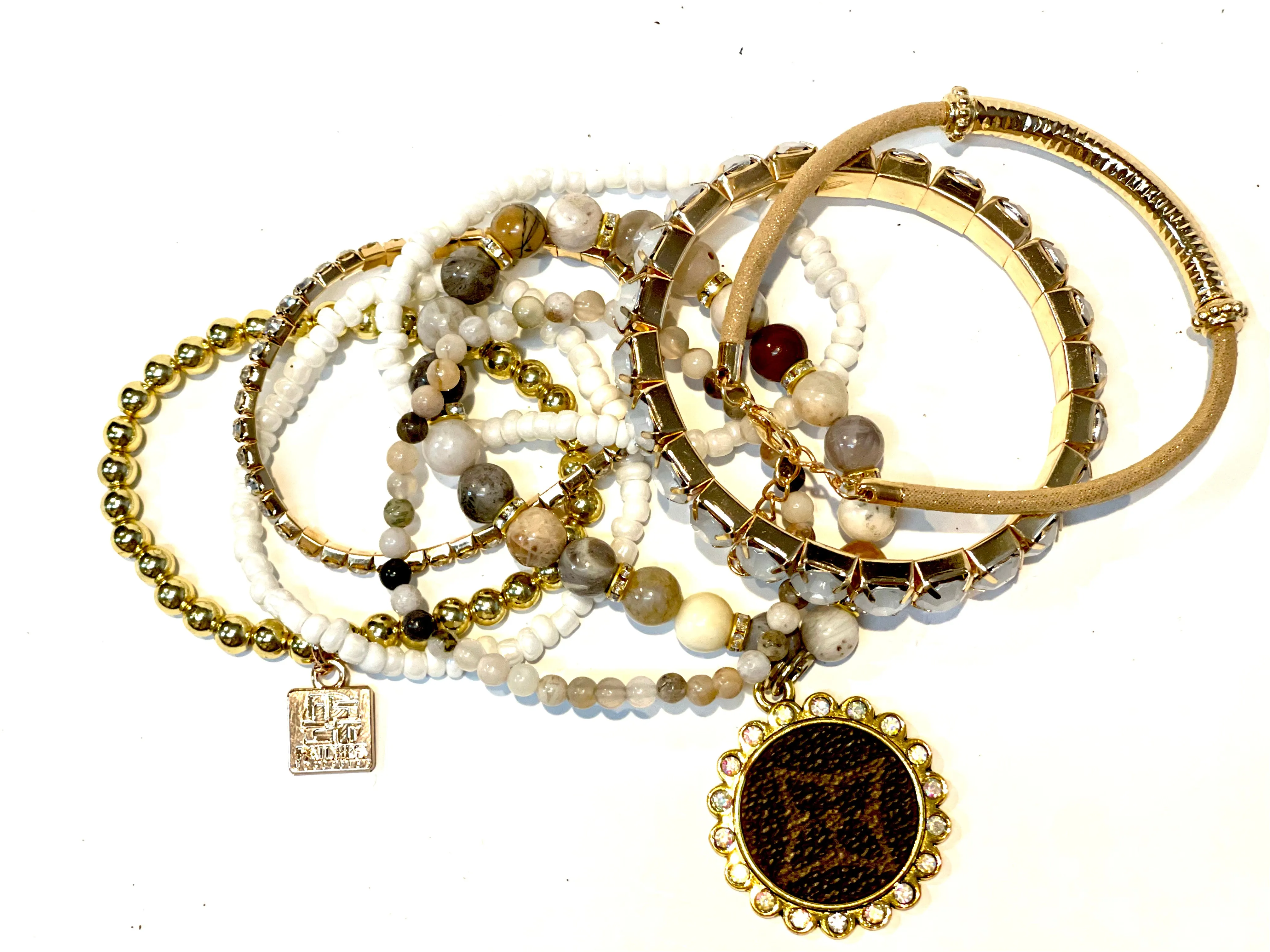 Stone Agate in Browns- Stacked bracelet circle Gold AB