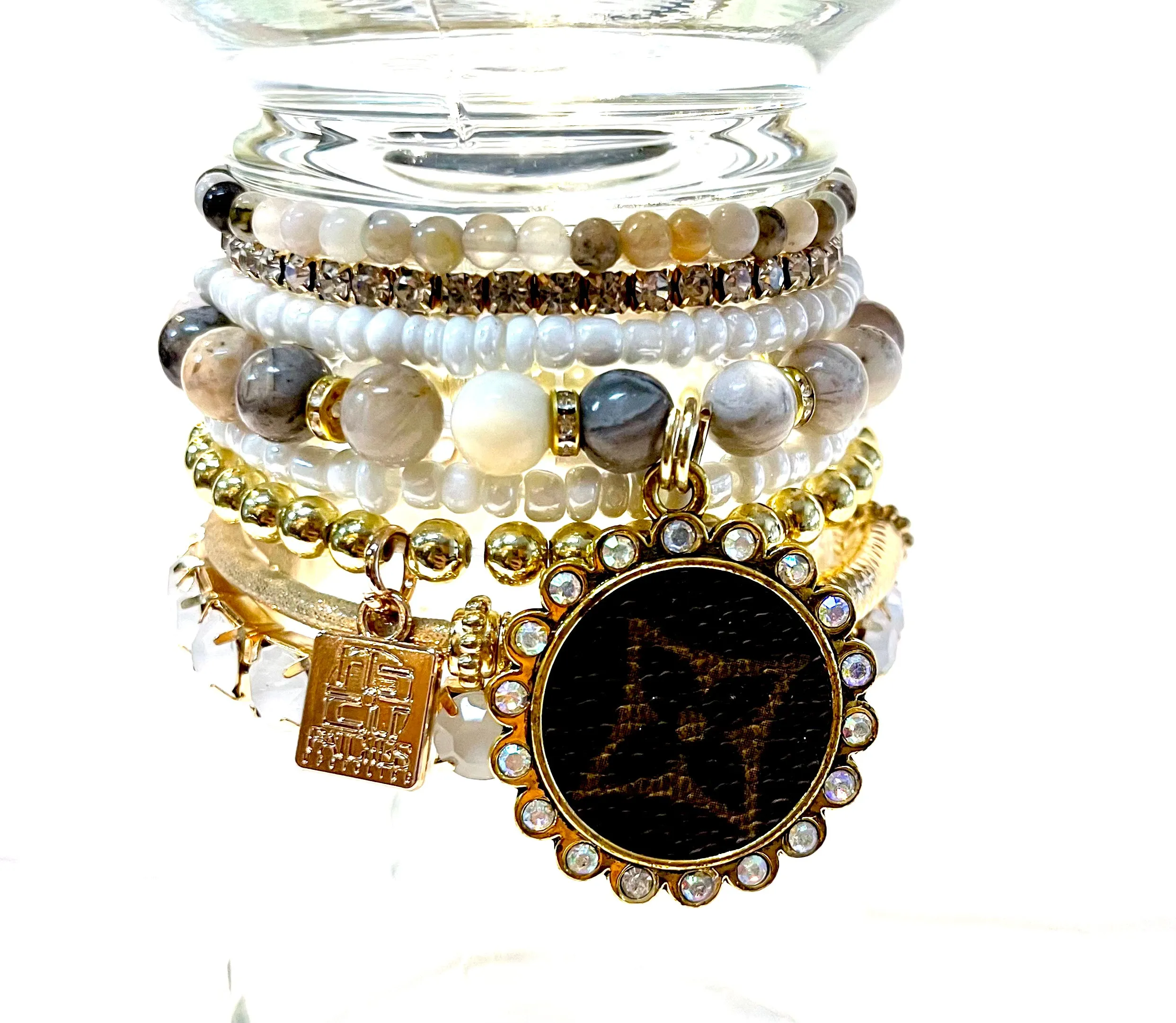 Stone Agate in Browns- Stacked bracelet circle Gold AB