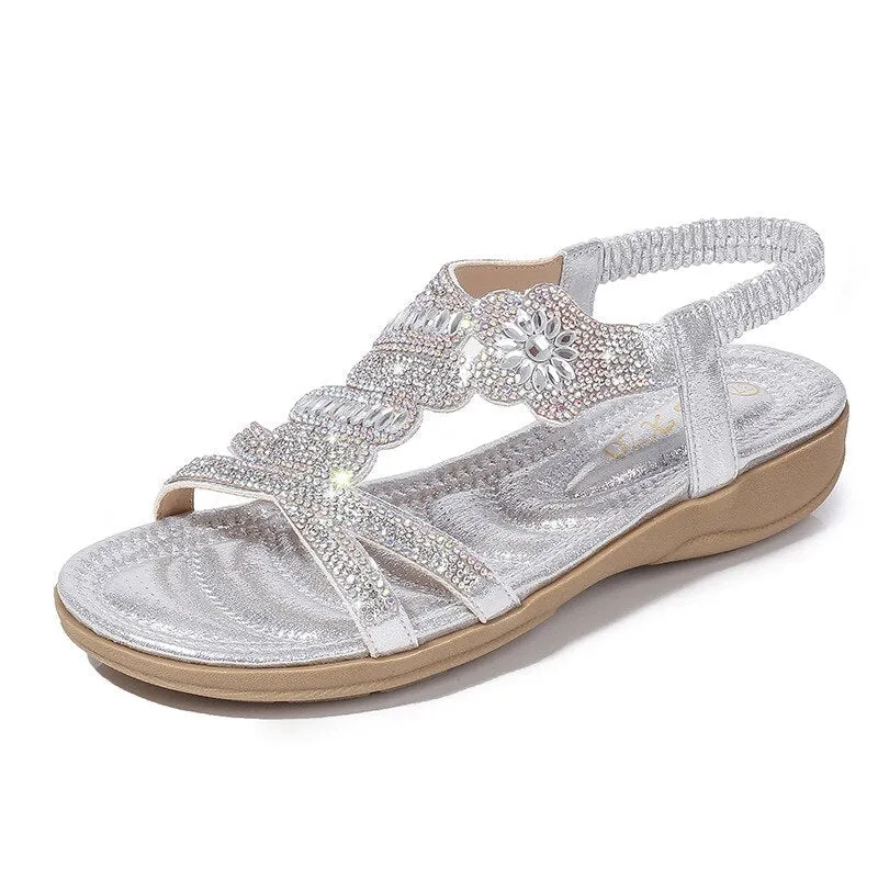 Vanccy Flat Bottom Large Size Fashion Silver Gold Party Diamonds Sandals