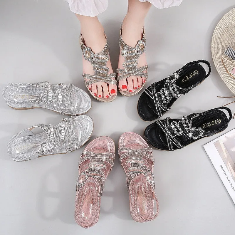 Vanccy Flat Bottom Large Size Fashion Silver Gold Party Diamonds Sandals