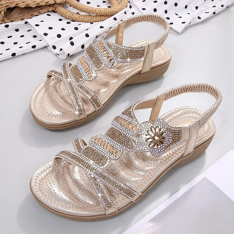 Vanccy Flat Bottom Large Size Fashion Silver Gold Party Diamonds Sandals