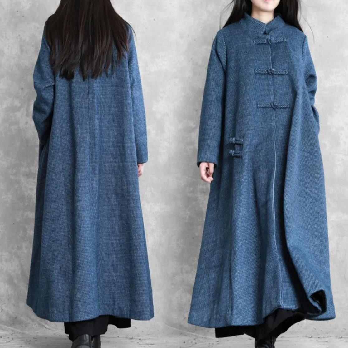 vintage plus size Jackets & coat blue stand collar asymmetric Woolen Coats