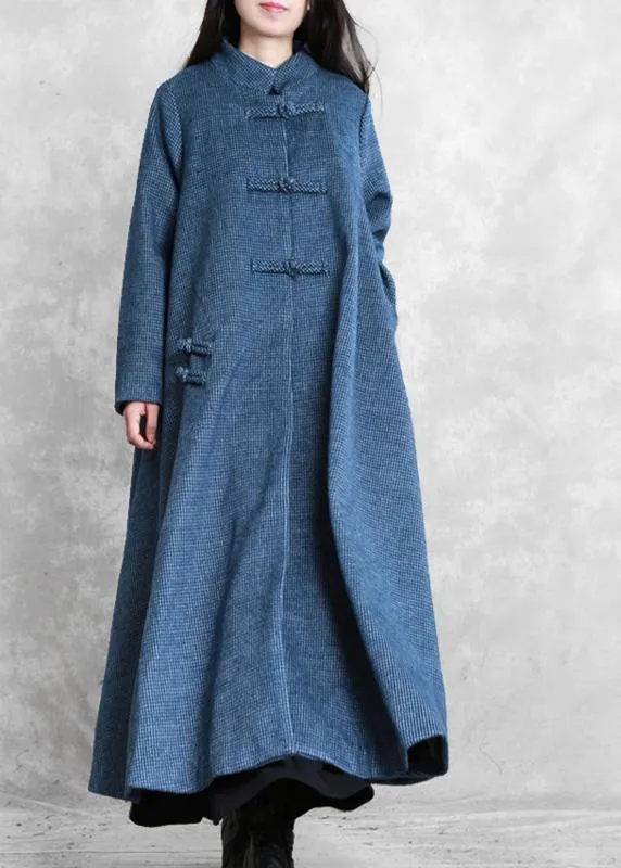 vintage plus size Jackets & coat blue stand collar asymmetric Woolen Coats