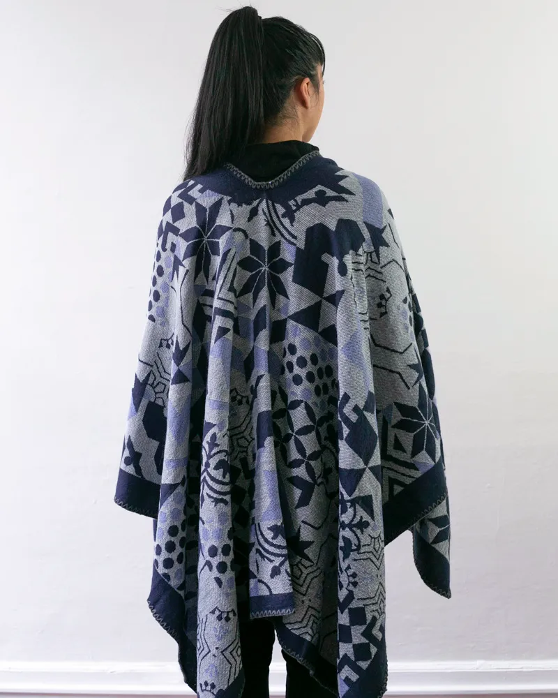 Wa-Modern Poncho, Multi Pattern, Dark Navy, Gray and Sky Blue