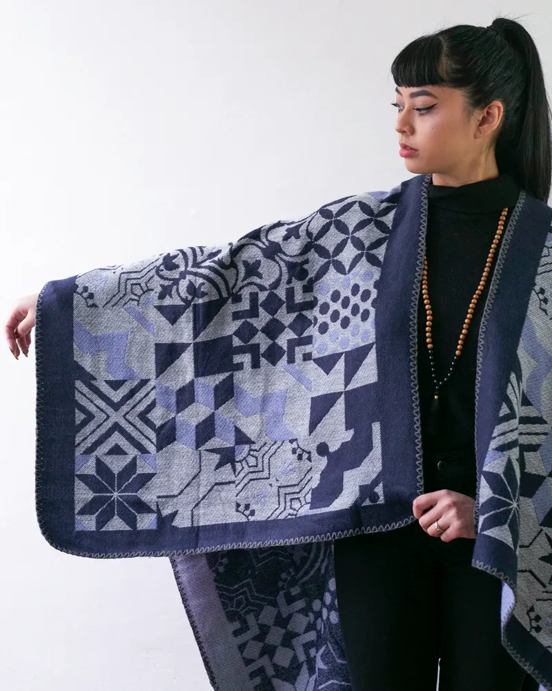 Wa-Modern Poncho, Multi Pattern, Dark Navy, Gray and Sky Blue