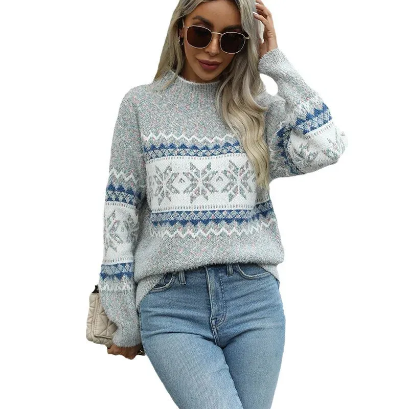 Wenkouban-Christmas Thanksgiving outfits_Mock Neck Long Sleeve Street Fashion Christmas Snowflake Jacquard Christmas Sweater