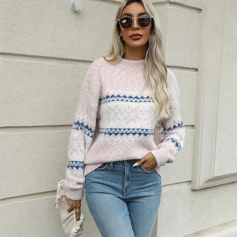 Wenkouban-Christmas Thanksgiving outfits_Mock Neck Long Sleeve Street Fashion Christmas Snowflake Jacquard Christmas Sweater