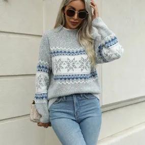 Wenkouban-Christmas Thanksgiving outfits_Mock Neck Long Sleeve Street Fashion Christmas Snowflake Jacquard Christmas Sweater