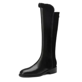 Women Knee High Full Cow Leather Winter Fur Warm Boots