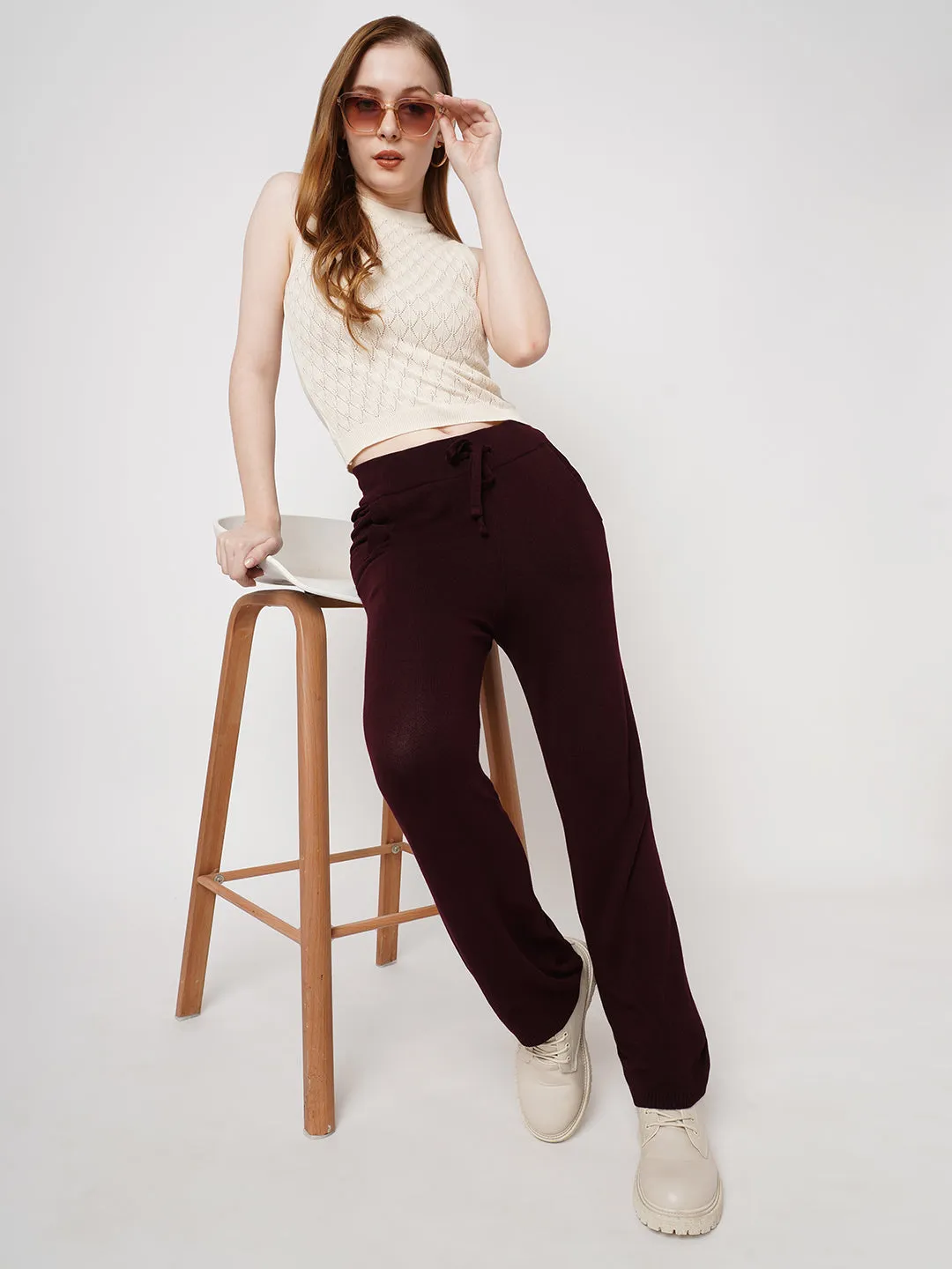 Women Wine High-Rise Loose Straight Jogger