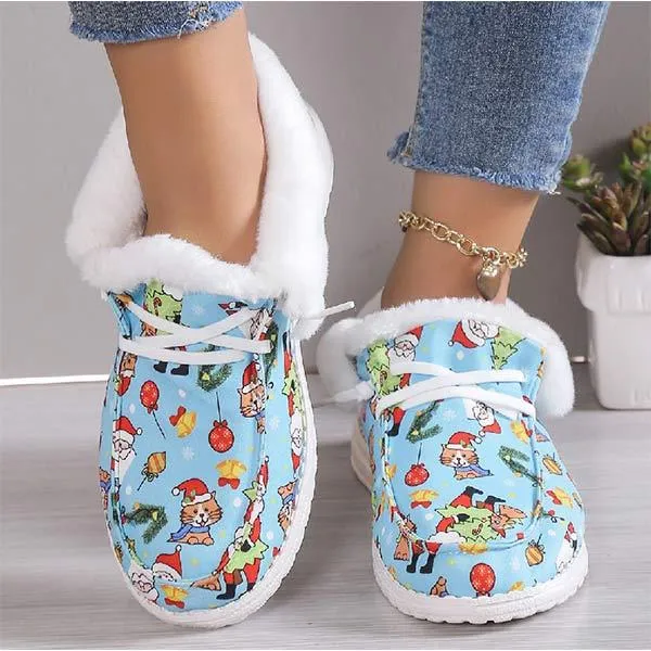 Women's Christmas Print Lace-up Fleece-Lined Cotton Shoes 21717612C