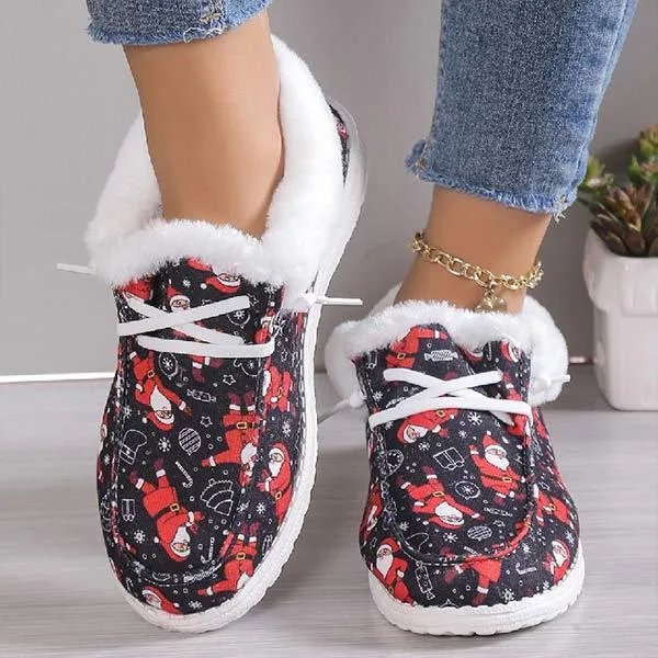Women's Christmas Print Lace-up Fleece-Lined Cotton Shoes 21717612C