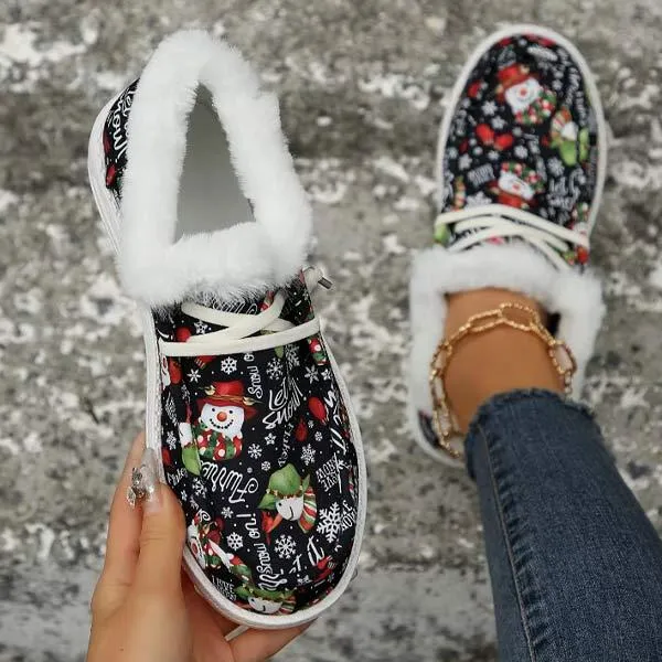 Women's Christmas Print Lace-up Fleece-Lined Cotton Shoes 21717612C